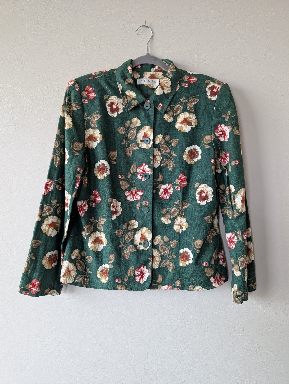 Chaus Green Floral Blazer Collared Size 14 Linen Long Sleeve Built-In Should Pad